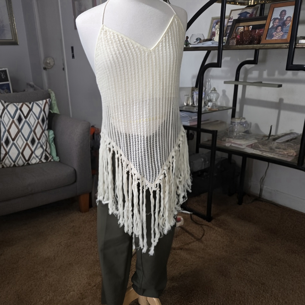SHEIN Curve 2XL Cream Crochet Fringe Halter Backless Festival Top